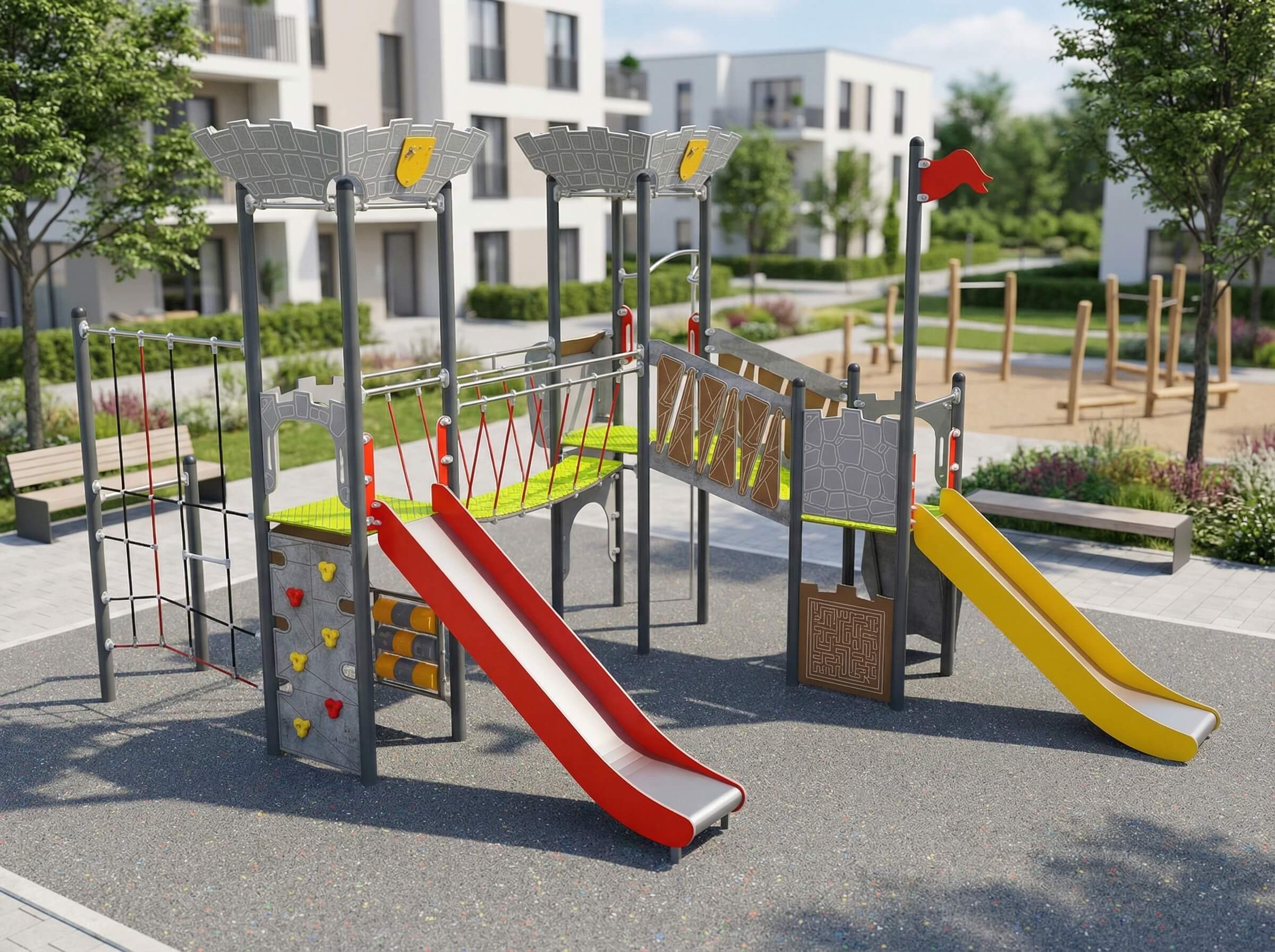 Modern children's playground with slides und climbing structures in urban park area.