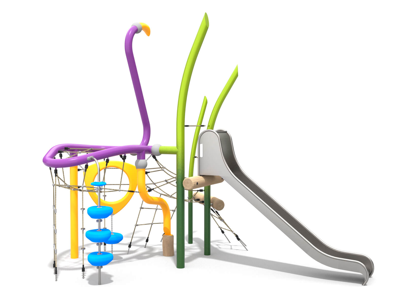 Schwinger für Kleinkinder mit Metallgestell und grünen Verbindungen auf weißem Hintergrund.