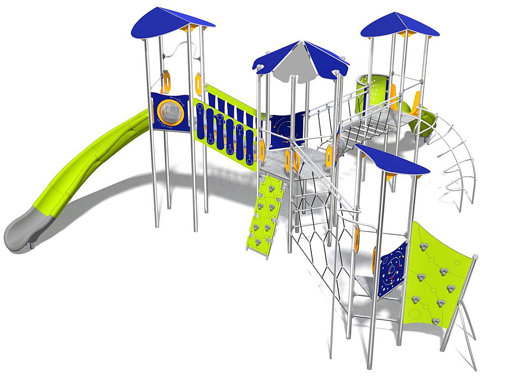 Schwinger für Kleinkinder mit Metallgestell und grünen Verbindungen auf weißem Hintergrund.