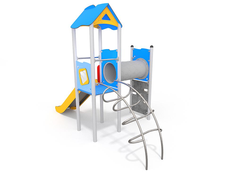 Schwinger für Kleinkinder mit Metallgestell und grünen Verbindungen auf weißem Hintergrund.