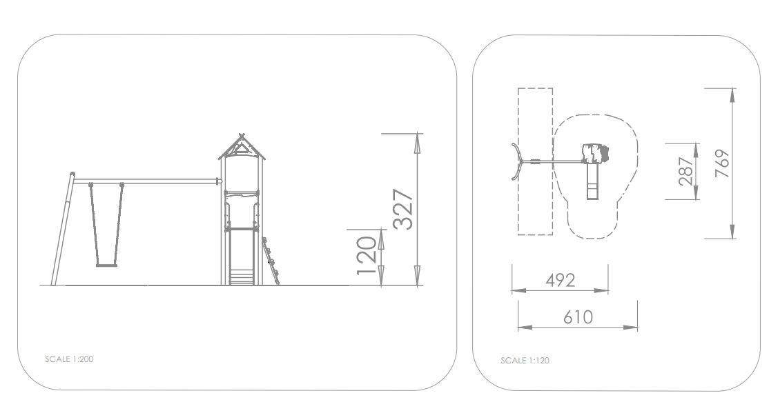 Spielplatz-Plan mit Schaukel und Turm – technische Zeichnung im Maßstab 1:200/1:120