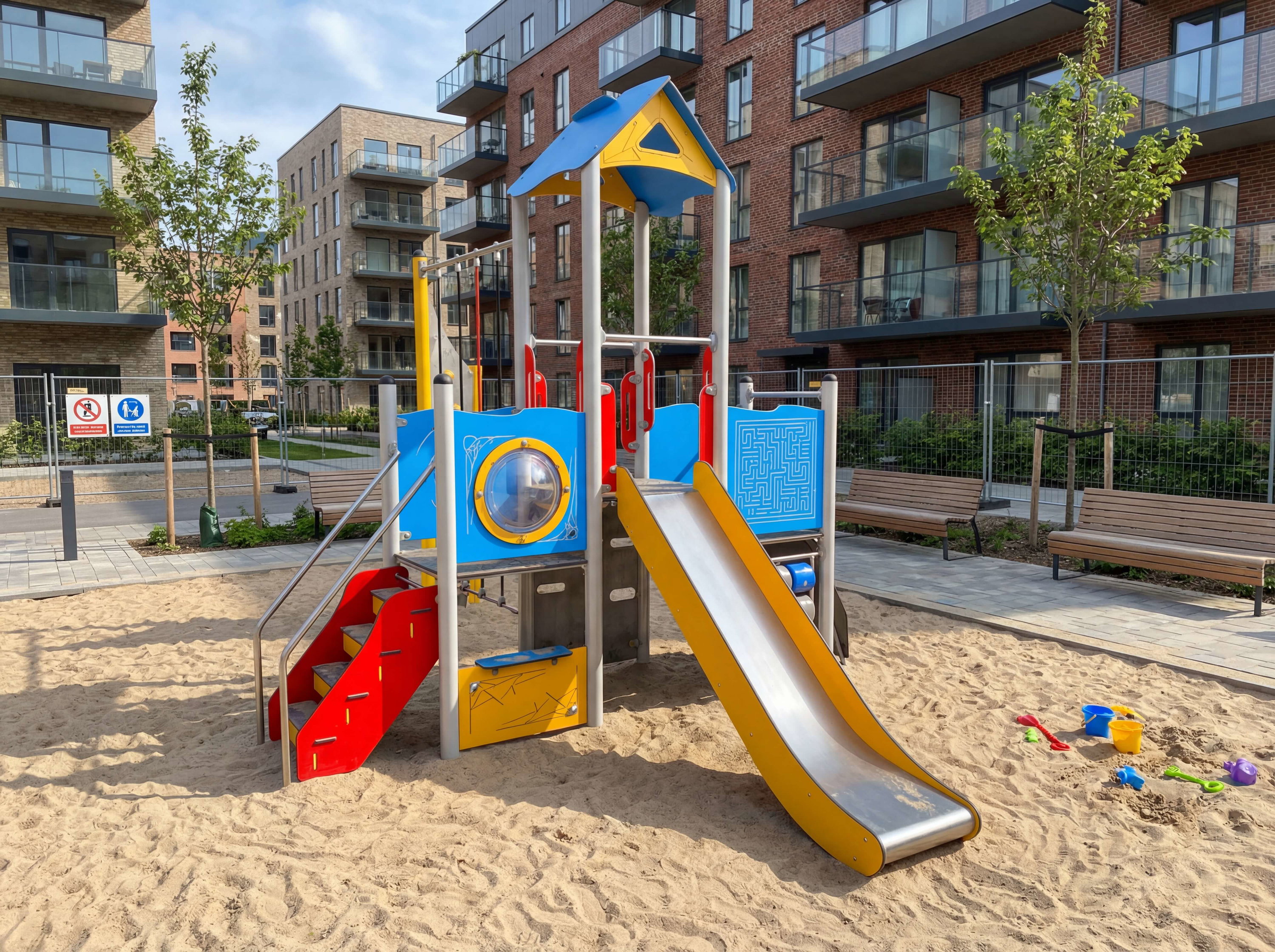 Bunte Spielanlage mit Rutsche und Sandkasten im Wohnbereich vor modernen Häusern.