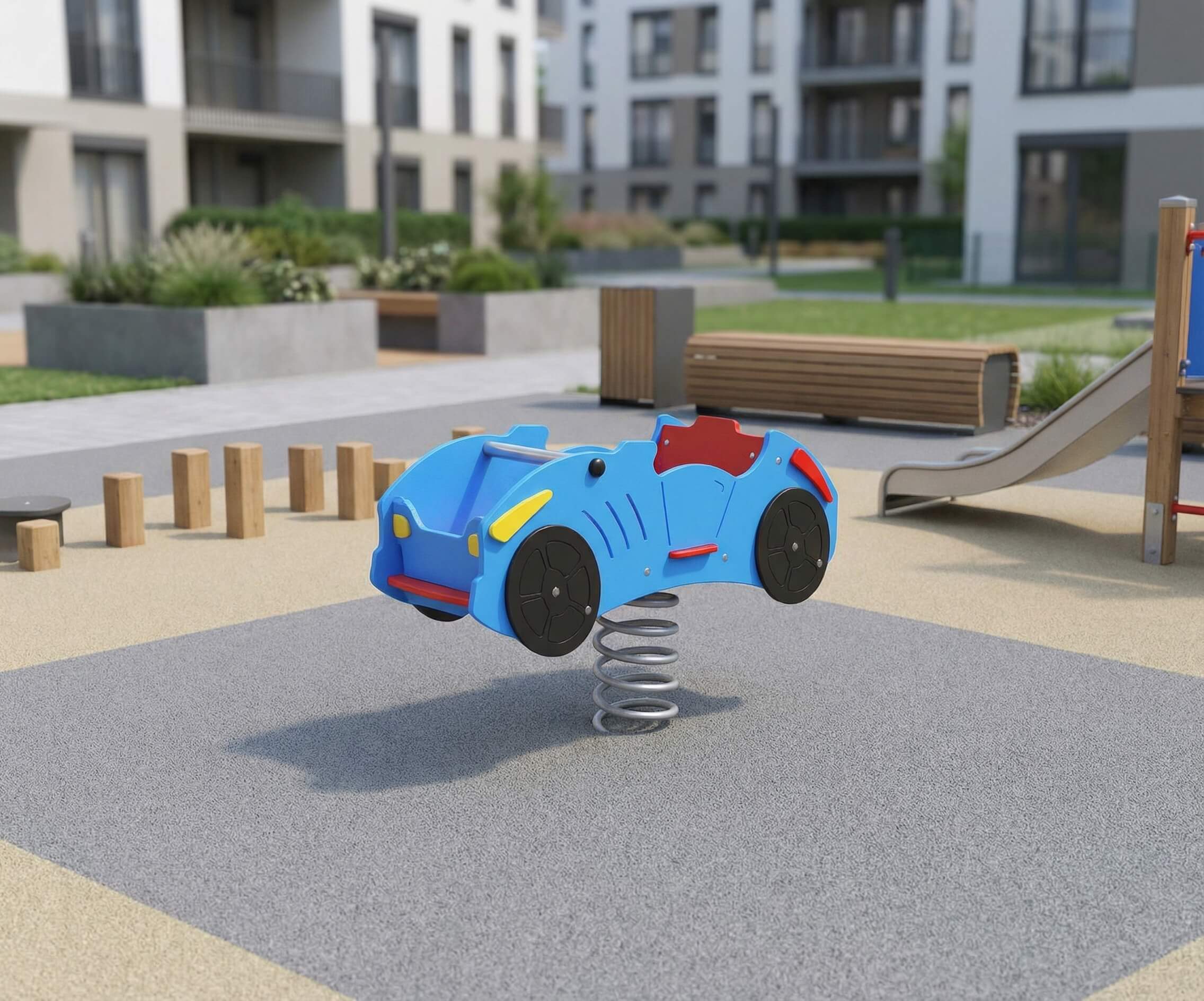 Blauer Springauto-Spielplatz im modernen Wohnbereich mit Grünanlagen und Spielgeräten.