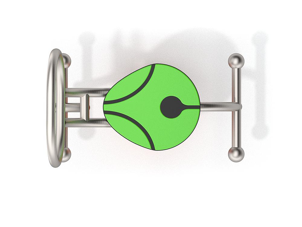 Schwinger für Kleinkinder mit Metallgestell und grünen Verbindungen auf weißem Hintergrund.
