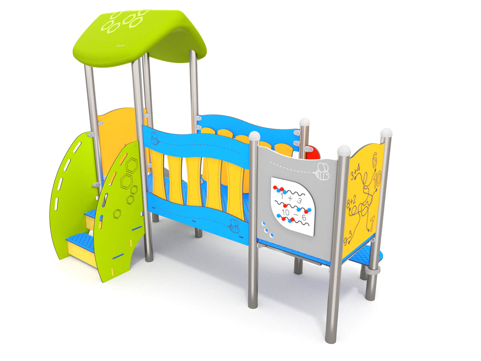 Schwinger für Kleinkinder mit Metallgestell und grünen Verbindungen auf weißem Hintergrund.