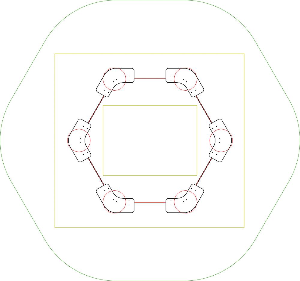 Sechs Roboter umgeben einen quadratischen Bereich innerhalb eines größeren Raumes.