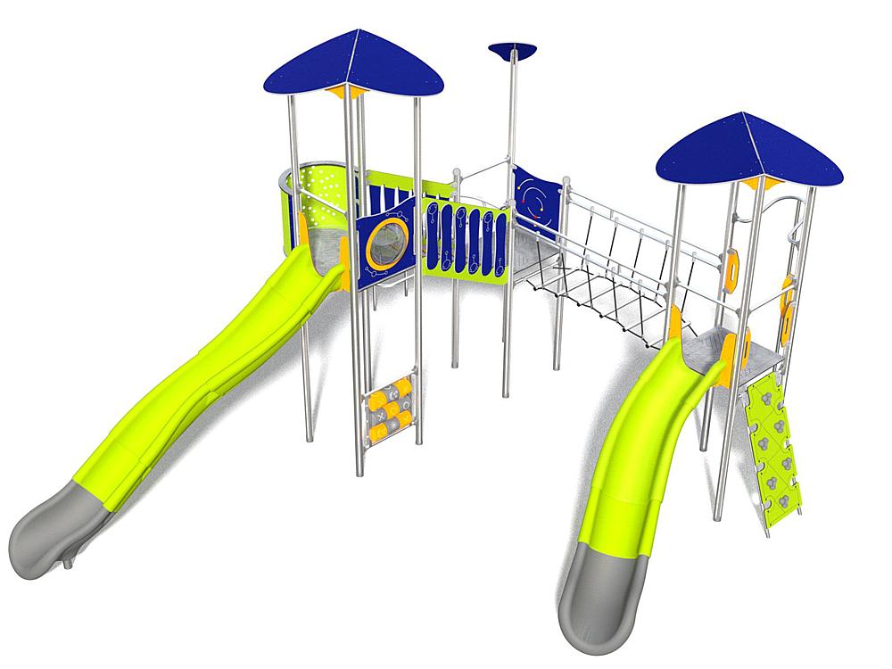 Schwinger für Kleinkinder mit Metallgestell und grünen Verbindungen auf weißem Hintergrund.