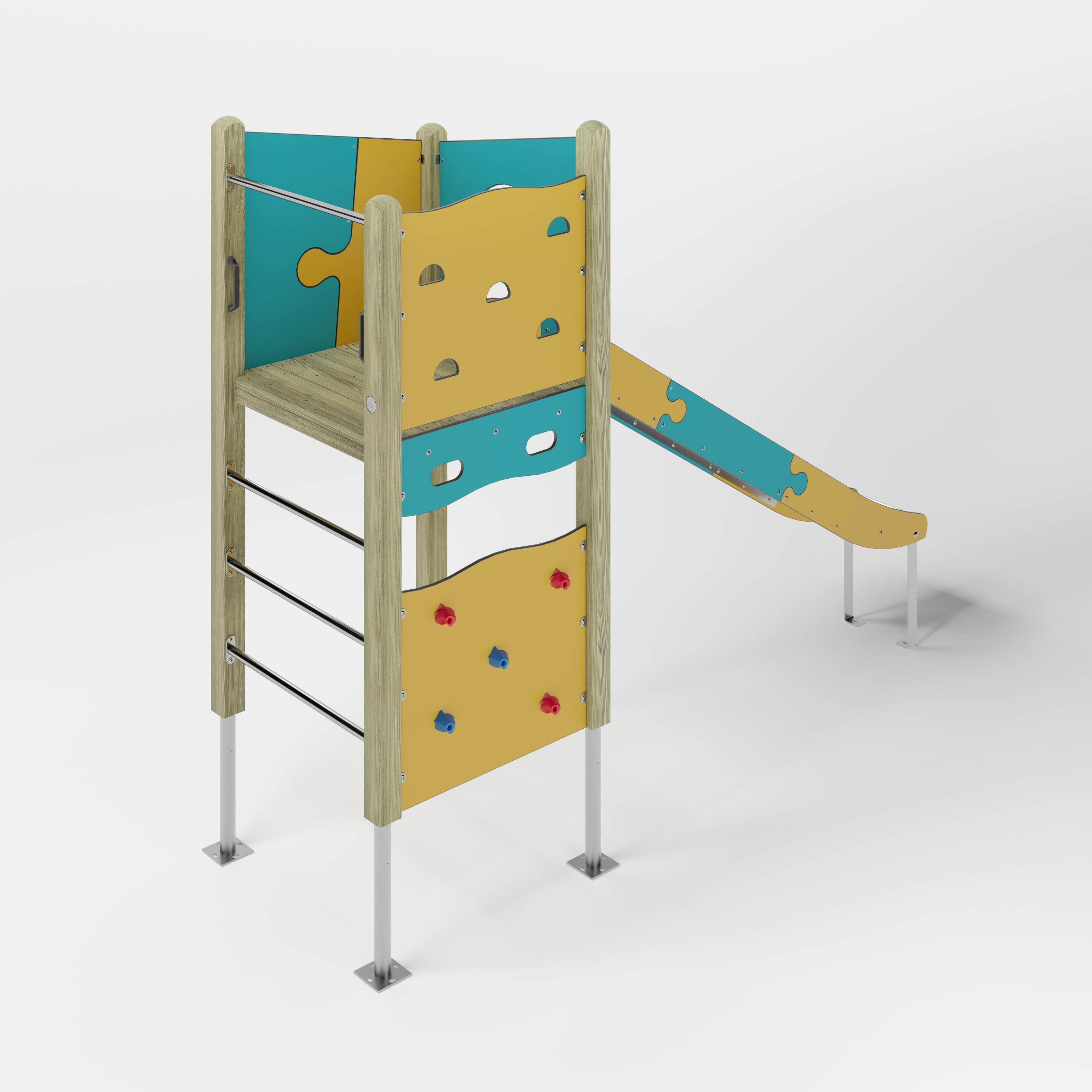 Bunte Holzspielanlage mit Kletterwand und Rutschbahn für Kinder im Freien.