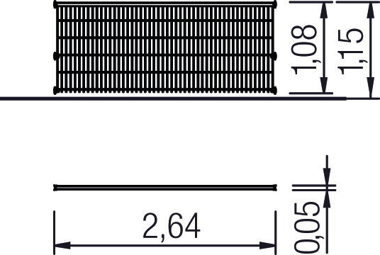Technische Zeichnung eines Gitterzauns mit Maßen: 2,64m lang und 1,08–1,15m hoch.