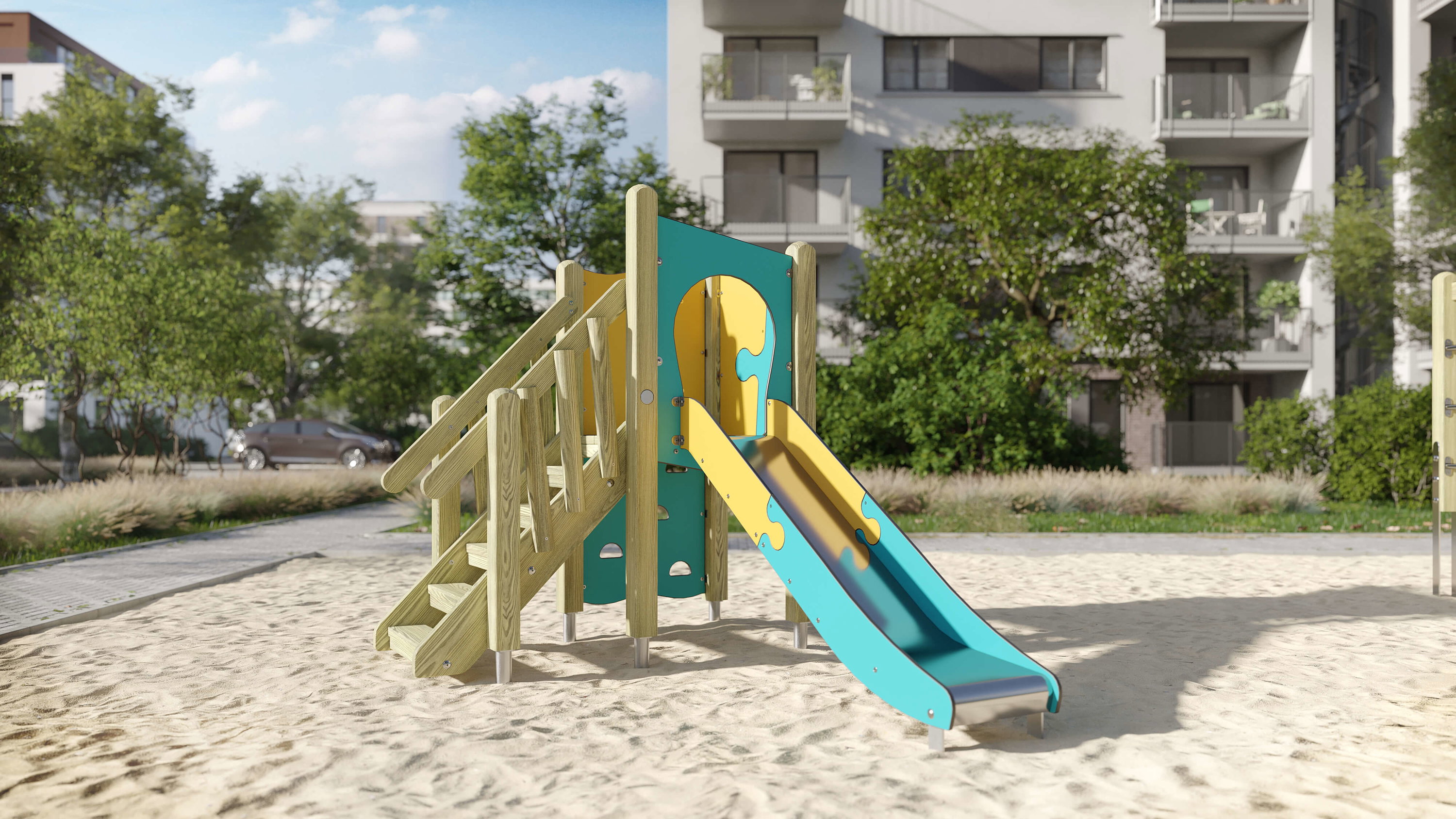 Bunte Spielhütte im Sand auf einem modernen Wohnplatz mit Bäumen und Gebäuden im Hintergrund.