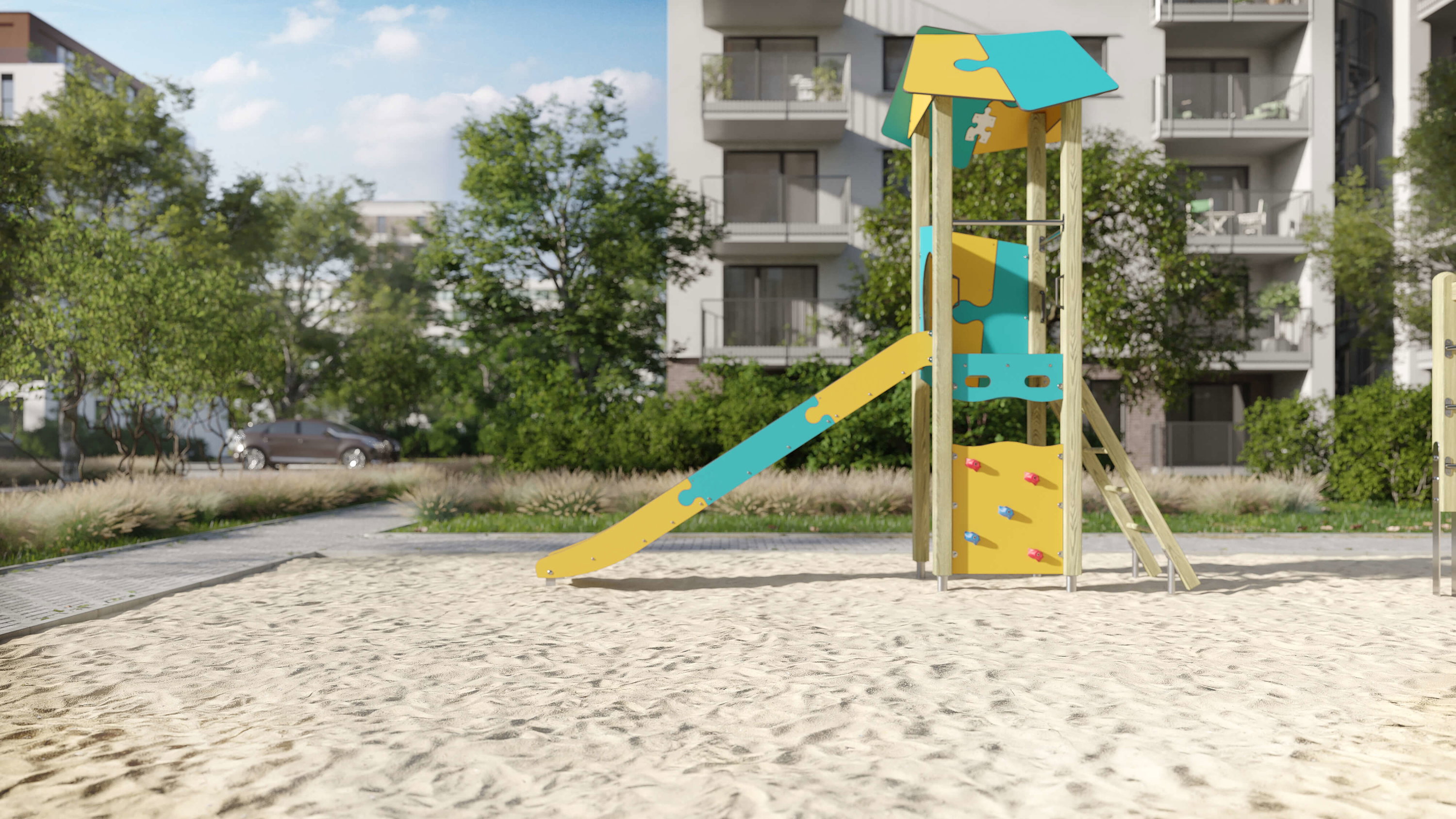 Bunte Spielhütte im Sand auf einem modernen Wohnplatz mit Bäumen und Gebäuden im Hintergrund.