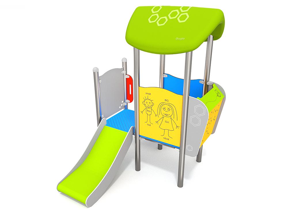 Schwinger für Kleinkinder mit Metallgestell und grünen Verbindungen auf weißem Hintergrund.