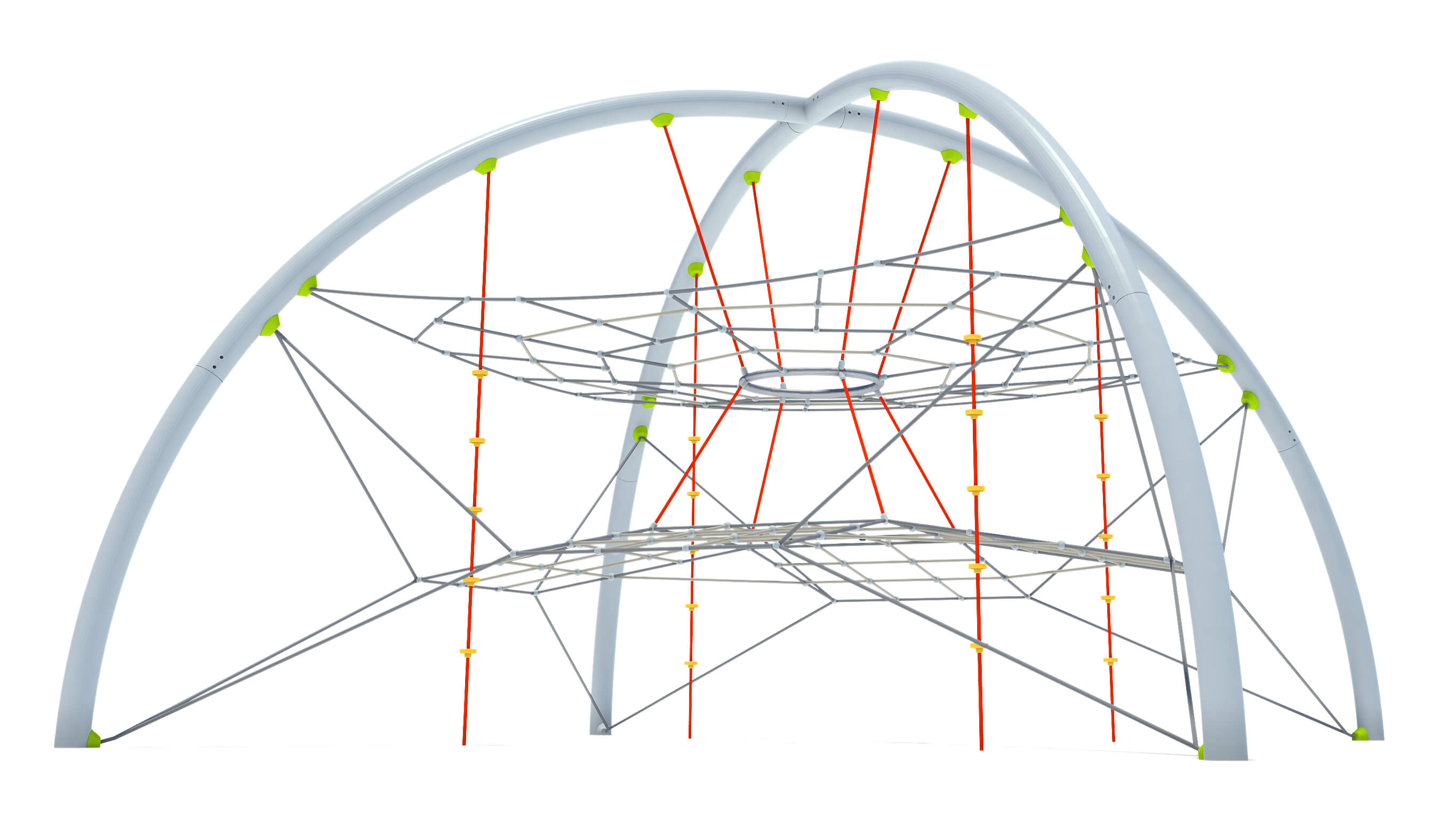Modern playground structure with arched frames and climbing nets.