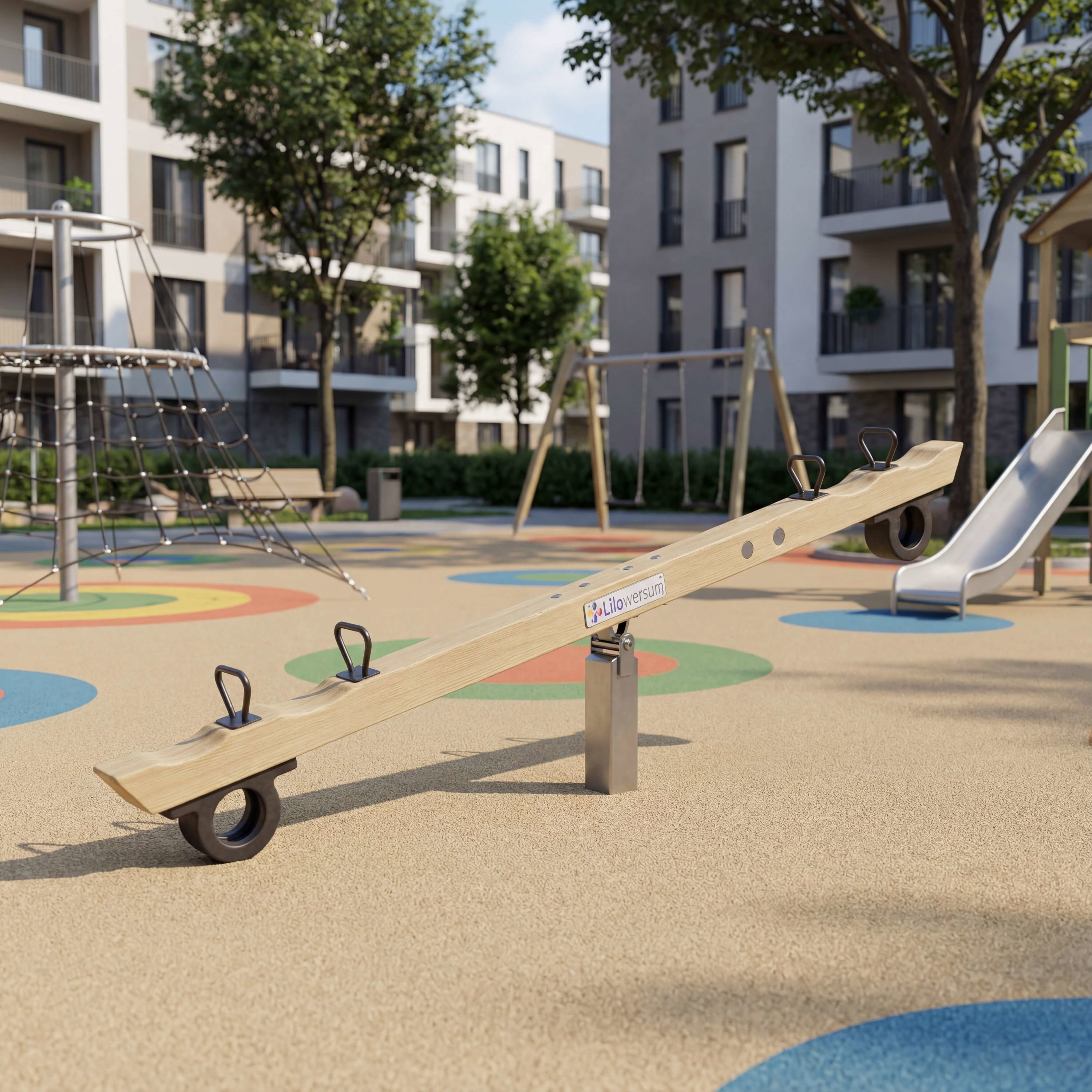 Holzschaukel im farbenfrohen Spielplatz vor modernen Wohnhäusern – ideal für Kinderfreizeit.

(87 Zeichen)