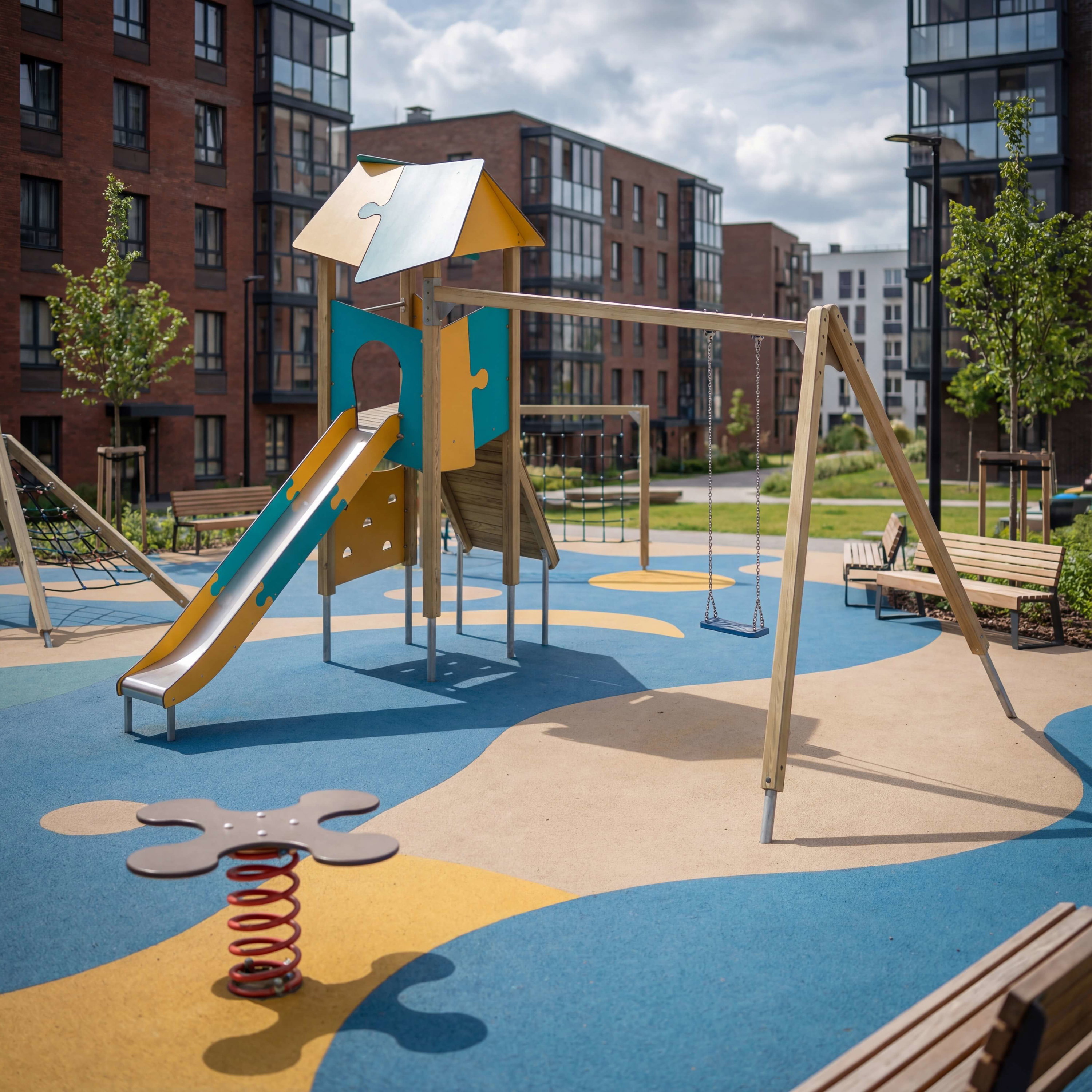 Bunte Spielplatzanlage mit Rutsche und Schaukel vor modernen Wohnhäusern im Stadtteil.