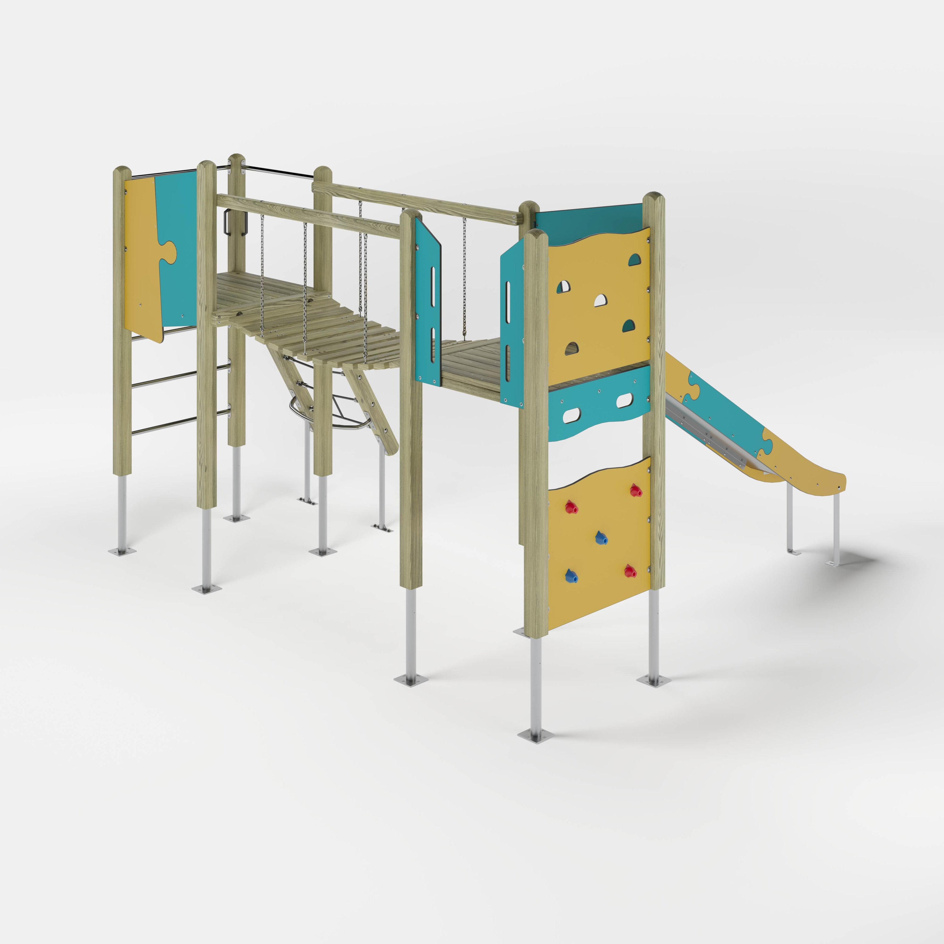 Bunte Puzzle-Hütte für Kinder auf Metallbeinen – Spielhaus mit gelb-blauen Teilen und Dach.
