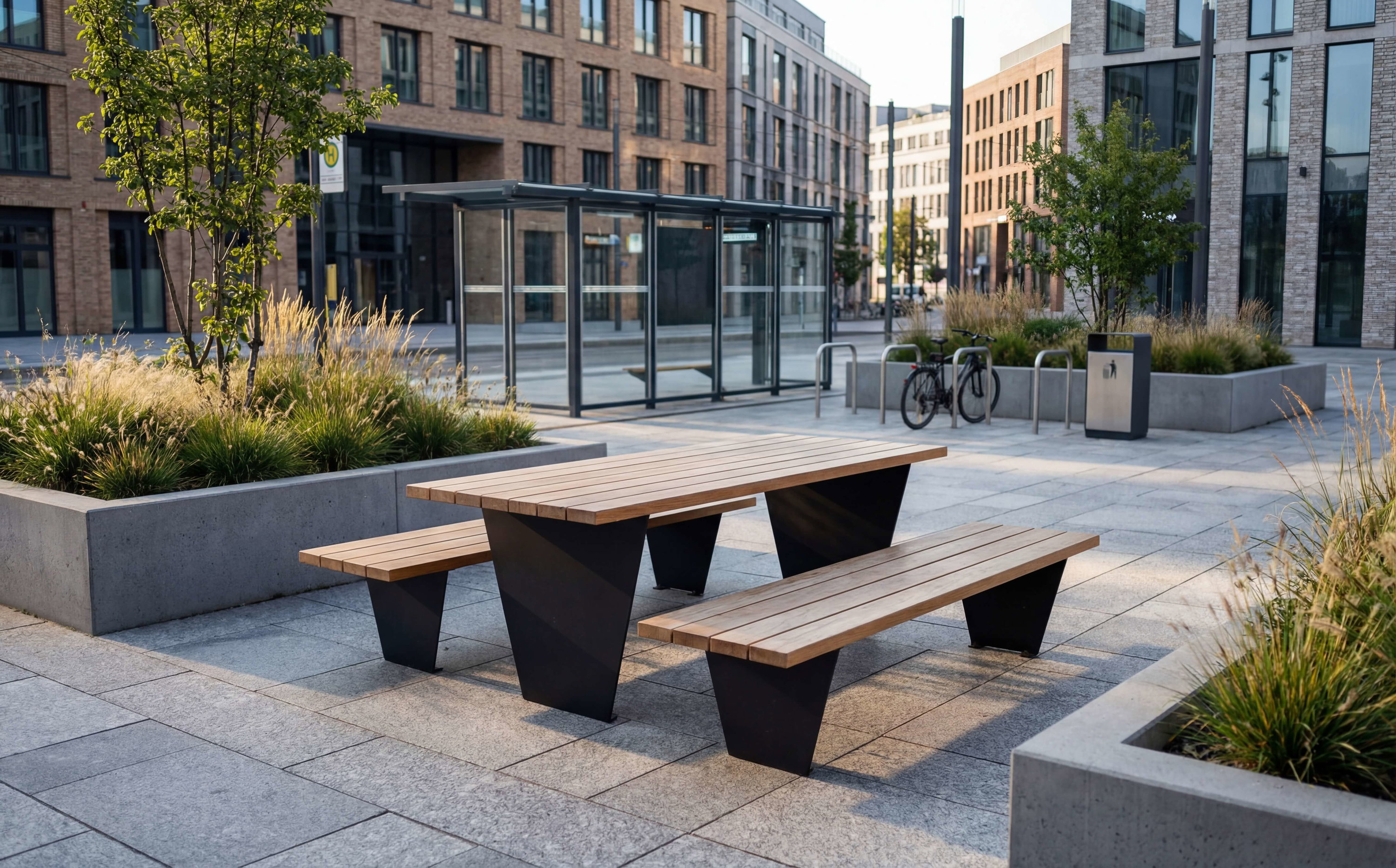 Moderne Holzbank im städtischen Außenbereich mit Pflanzenbeeten und Glasbusshaltestelle.