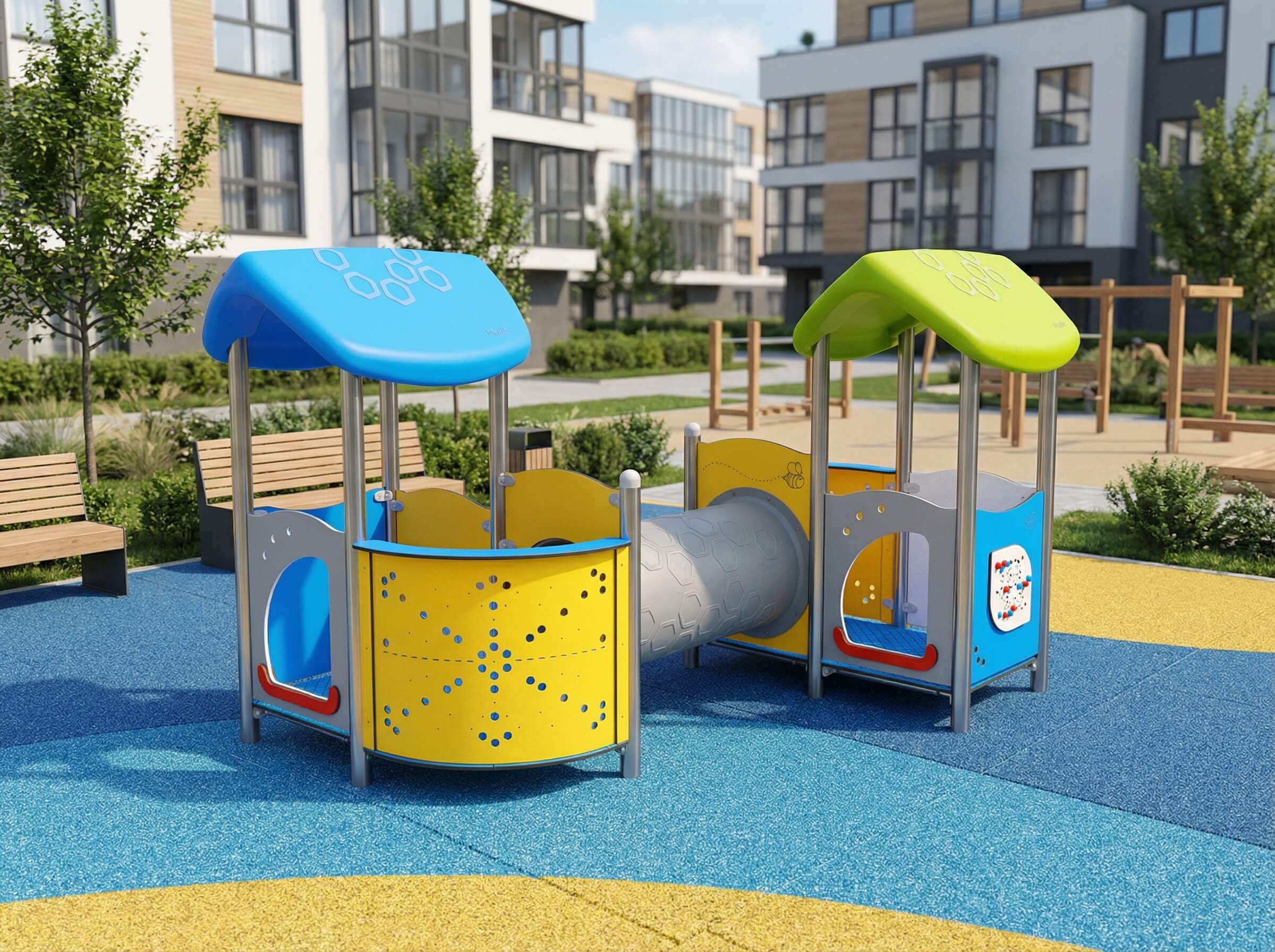Bunte Spielgeräte auf blau-gelbem Kurs im modernen Wohngebiet mit Bänken und Grünflächen.