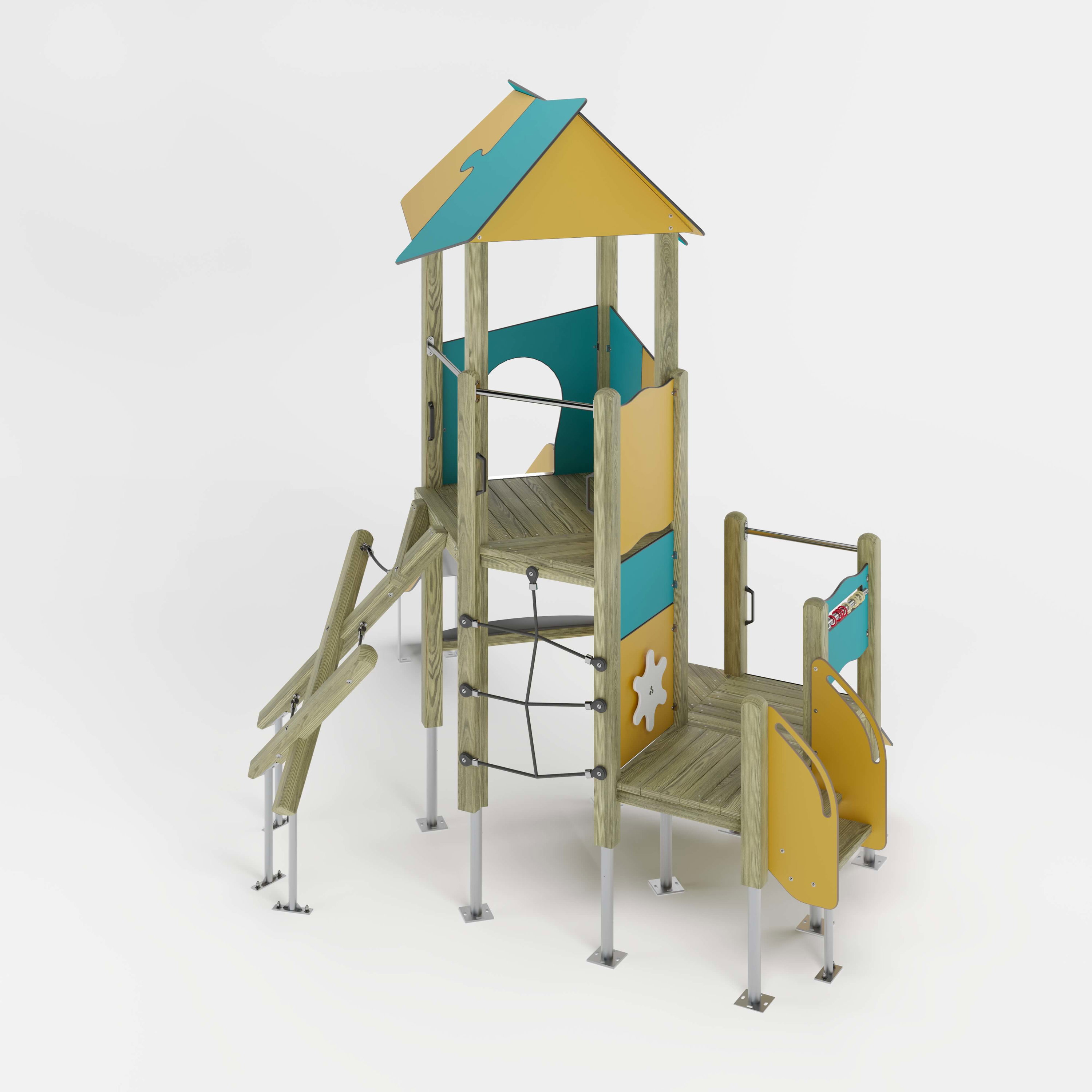 Bunte Holzspielburg mit Kletterwand und Rutsche für Kinder im Freien.