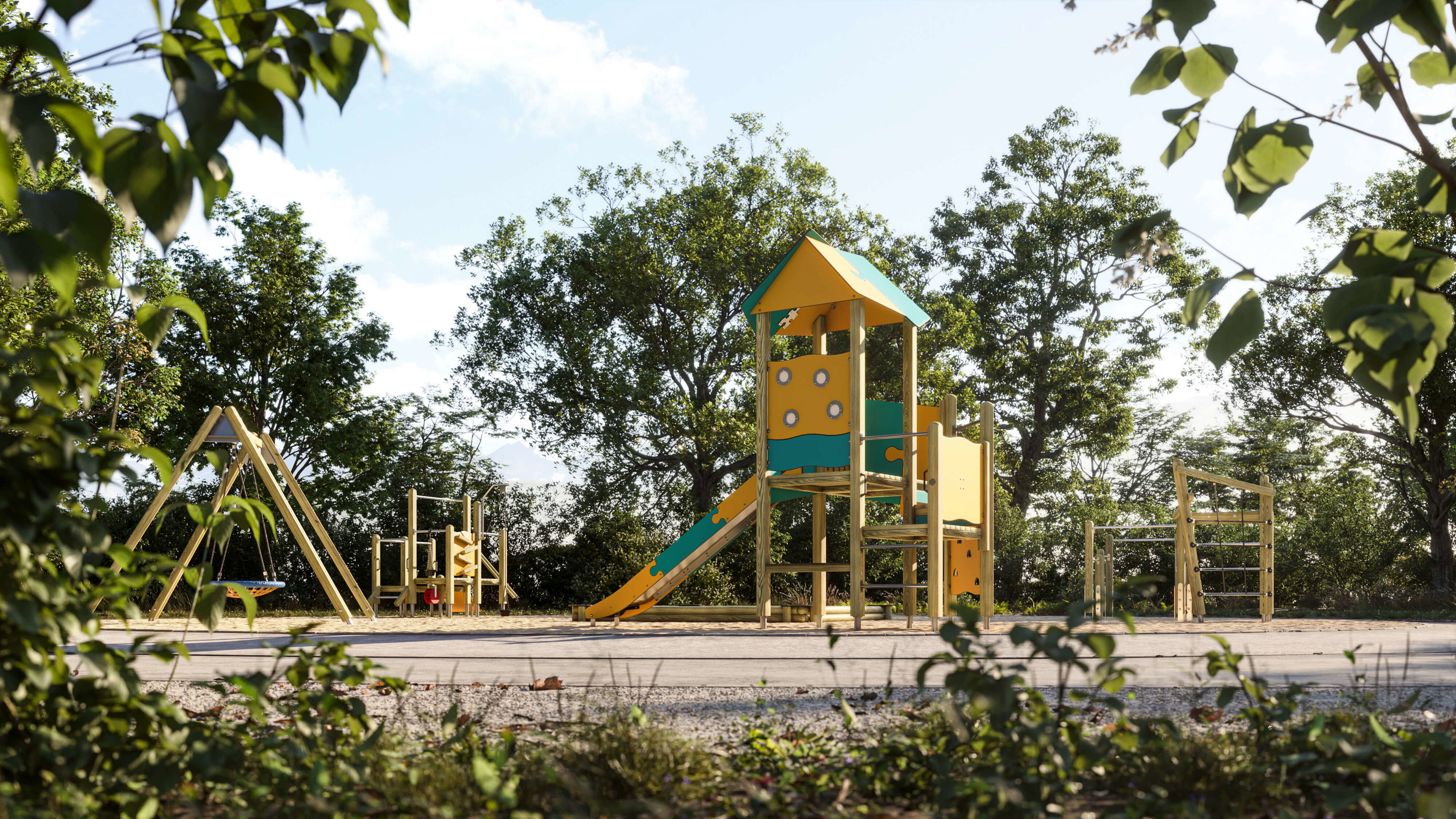 Farbiger Spielplatz mit Rutsche und Schaukel im Grünen unter blauem Himmel.