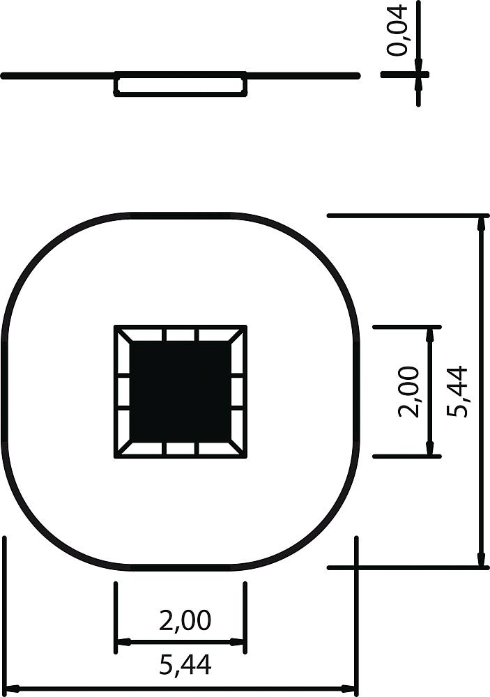 Technische Zeichnung eines ovalen Objekts mit quadratischem Zentrum und Maßen 5,44x5,44 cm.