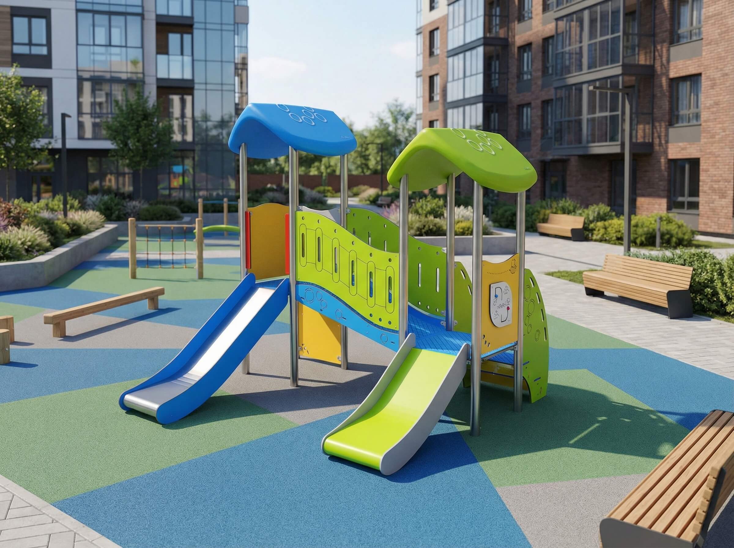 Bunte Spielgeräte auf einem gepflegten Kinderspielplatz vor modernen Wohnhäusern.