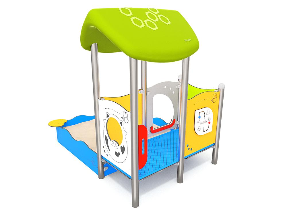 Schwinger für Kleinkinder mit Metallgestell und grünen Verbindungen auf weißem Hintergrund.