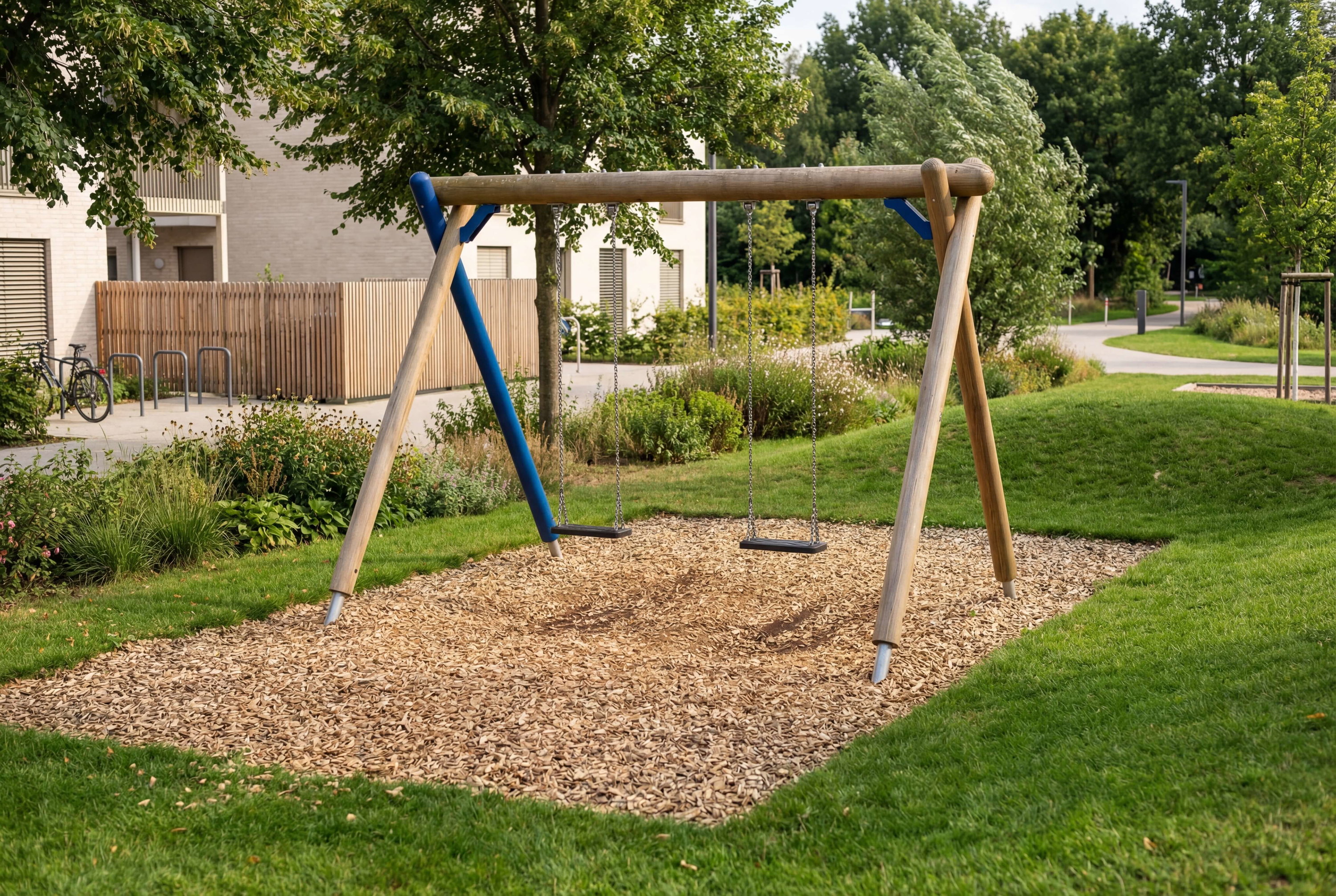 Holzschaukel im Grünanlage vor Wohnhaus mit Klettergerüst und Fahrradständern.