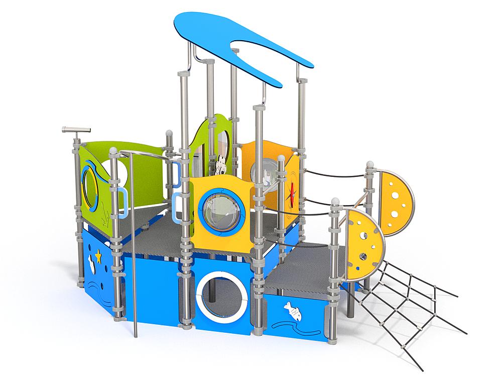 Schwinger für Kleinkinder mit Metallgestell und grünen Verbindungen auf weißem Hintergrund.