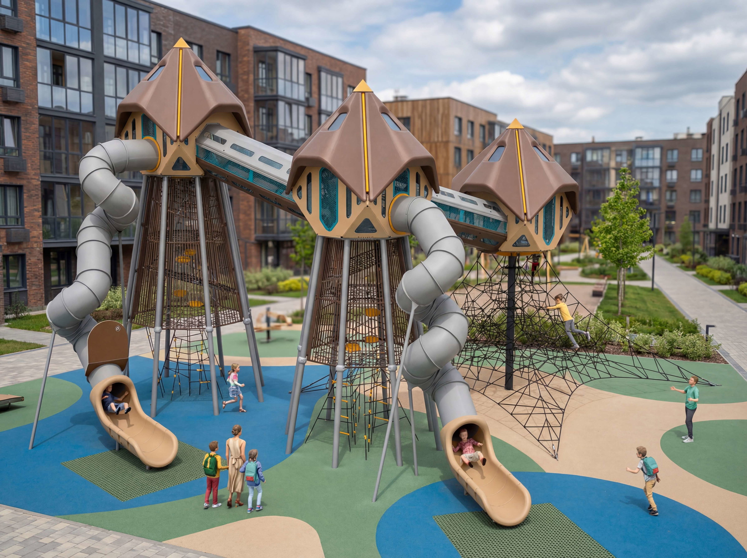 Kinder spielen auf einem modernen Spielplatz mit Rutschen und Klettergerüsten vor Wohnhäusern.