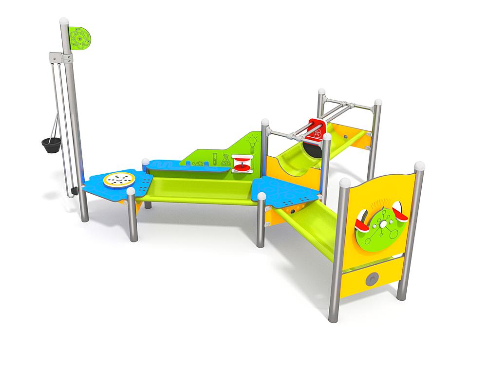 Schwinger für Kleinkinder mit Metallgestell und grünen Verbindungen auf weißem Hintergrund.