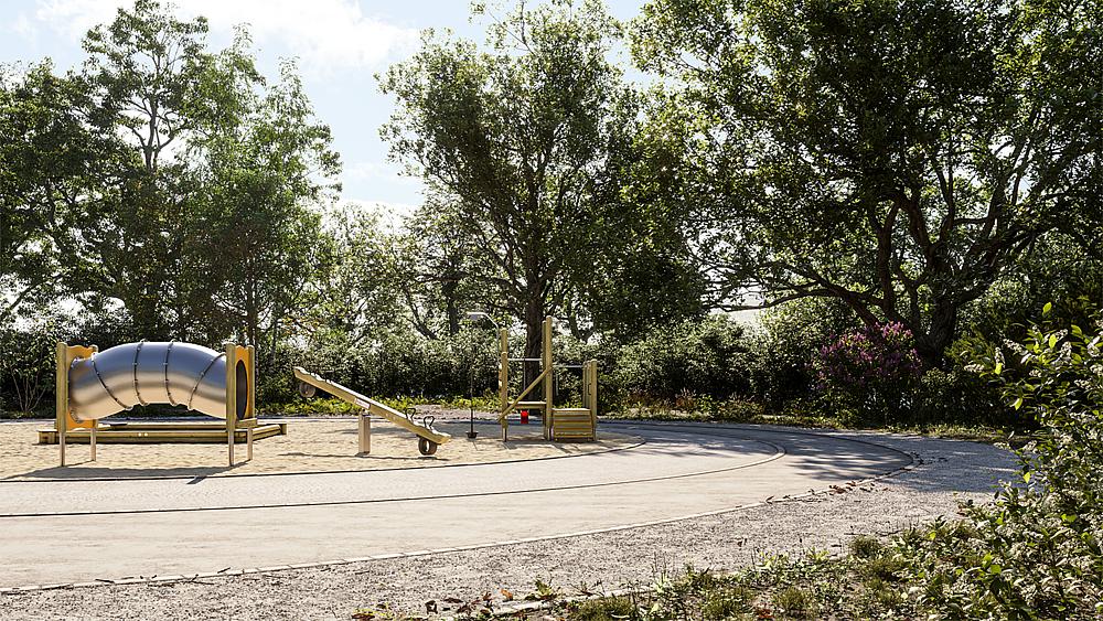 Spielplatz mit Rutsche und Klettergerüst unter Bäumen im Freien.