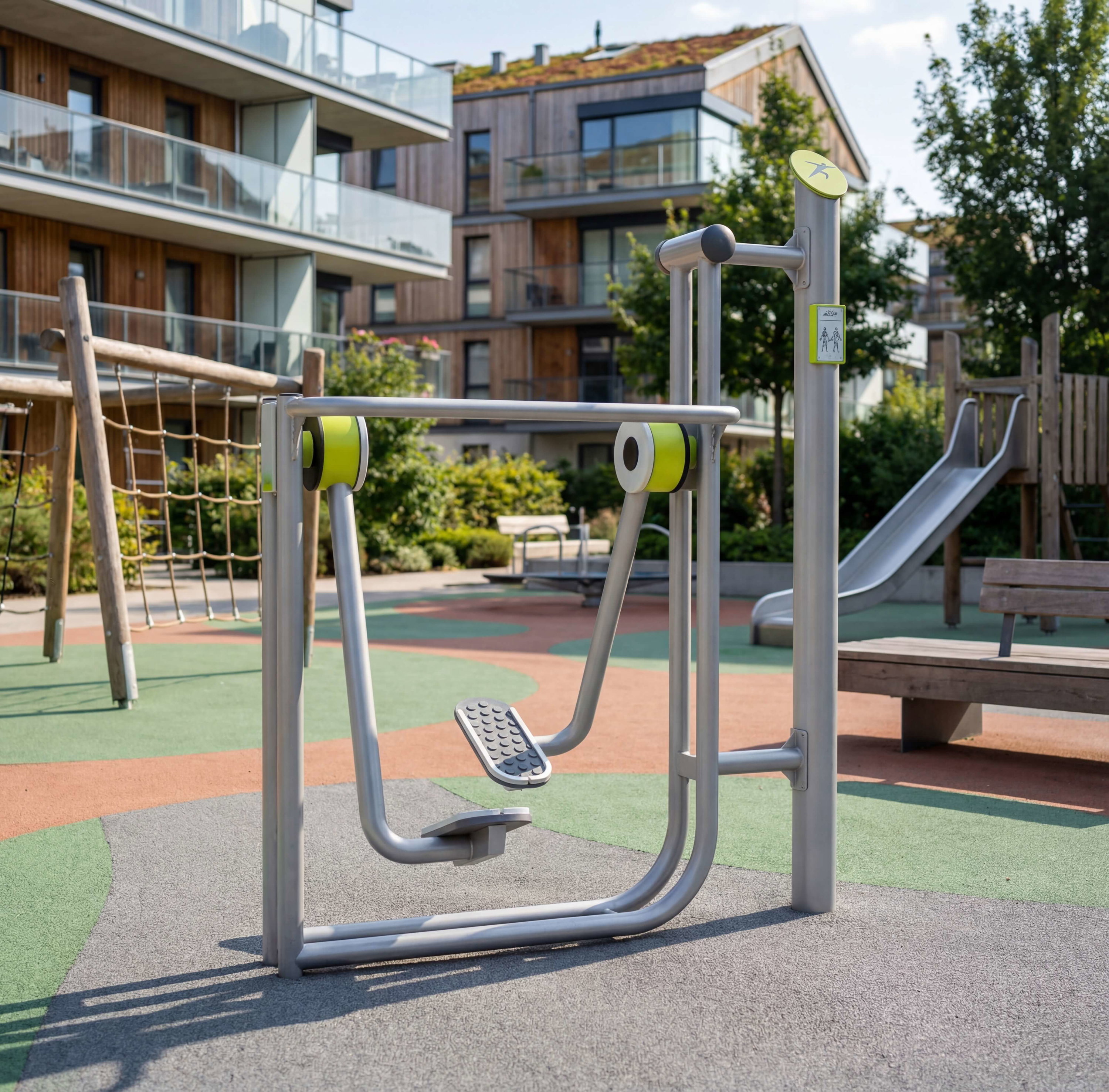 Fitnessgerät im Spielplatz vor modernen Wohnhäusern mit grünem Bodenbelag und Holzspielgeräten.