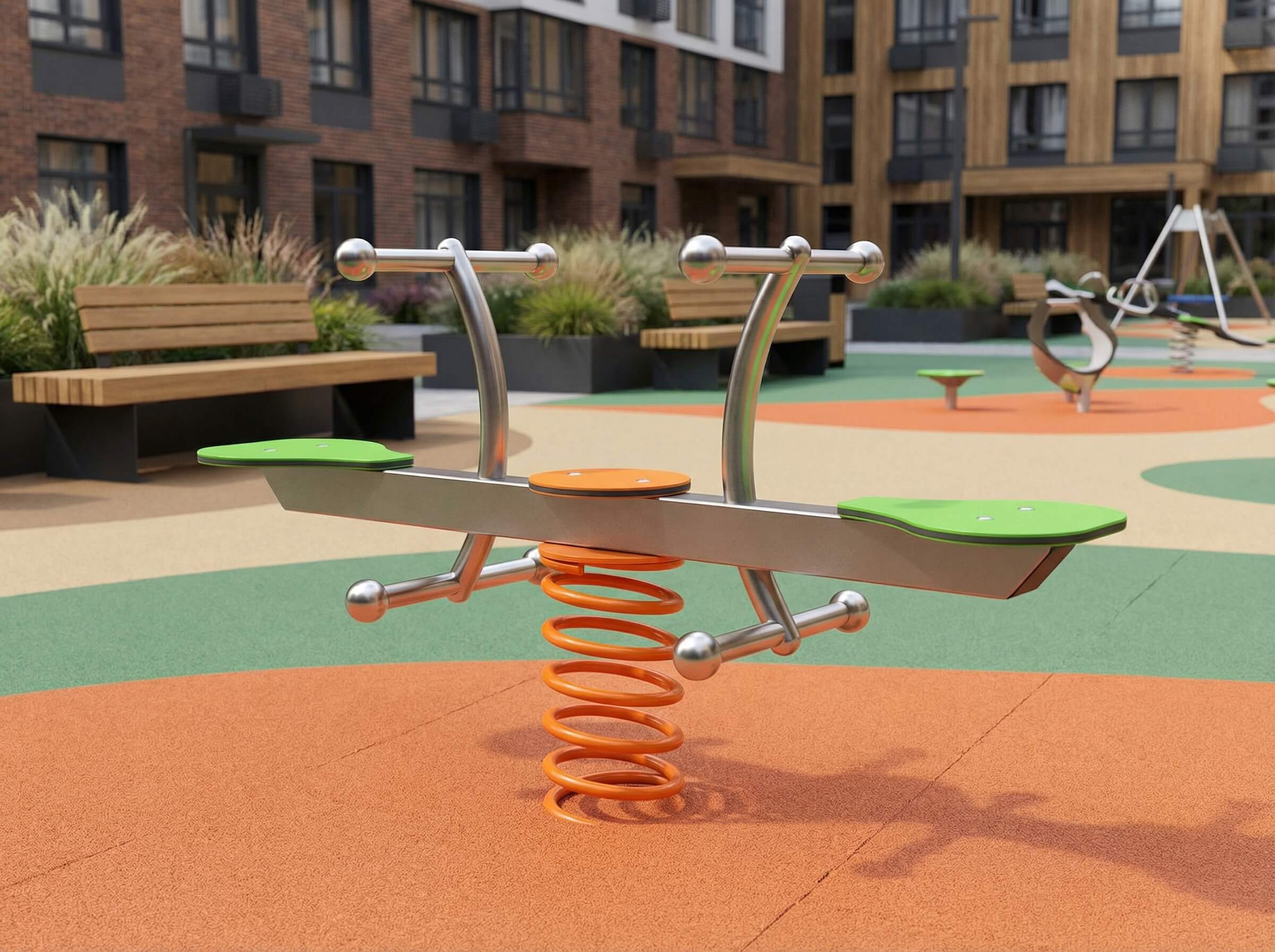 Springseesack-Schaukel im farbenfrohen Spielplatz vor Wohngebäuden