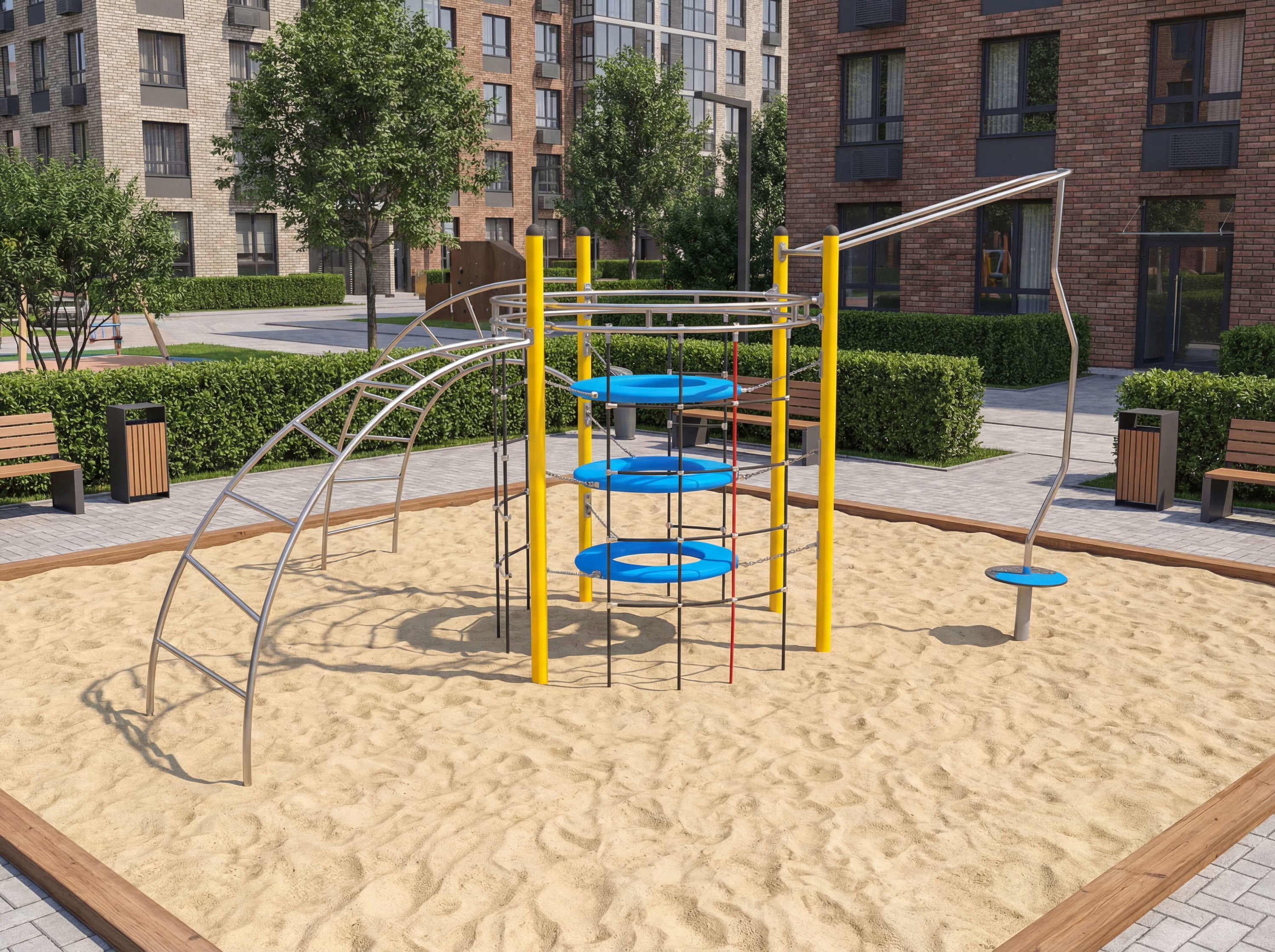 Spielplatz mit Sandkasten und Klettergerüst vor Wohnhäusern im Stadtteil.
