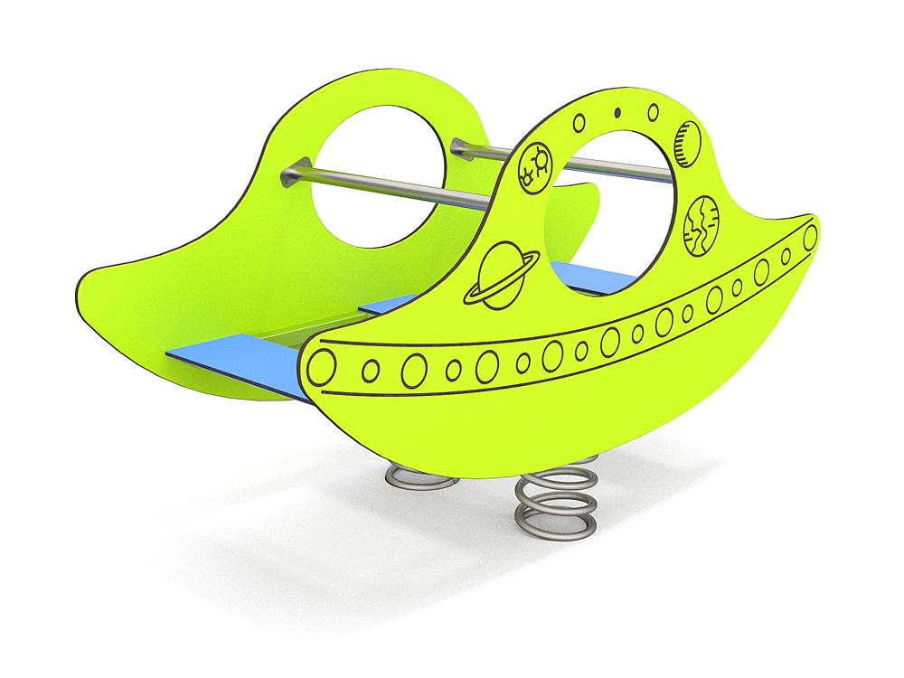 Schwinger für Kleinkinder mit Metallgestell und grünen Verbindungen auf weißem Hintergrund.