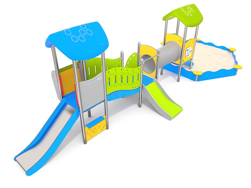 Schwinger für Kleinkinder mit Metallgestell und grünen Verbindungen auf weißem Hintergrund.