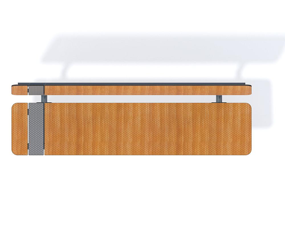 Moderne Bank mit Holz- und Metallgestell für Büro oder öffentliche Räume.