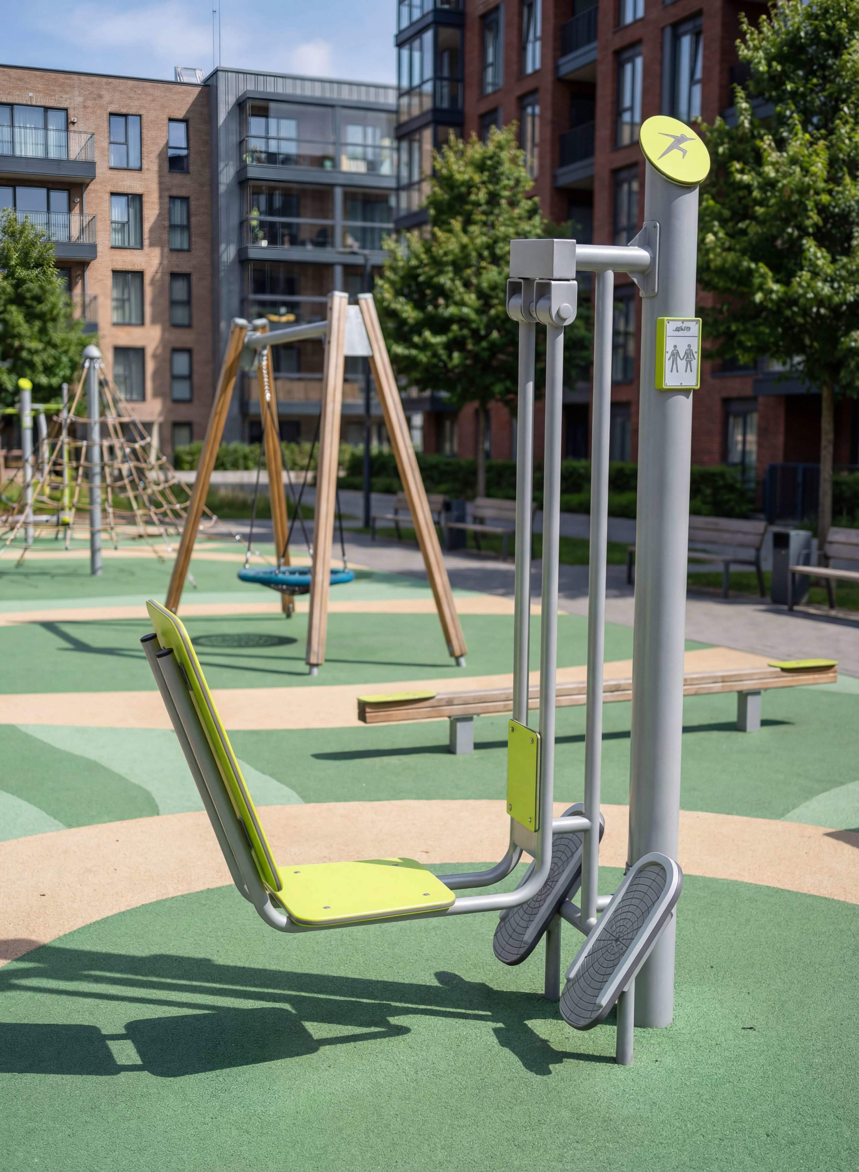 Outdoor fitness station with lime green accents in modern residential park area.
