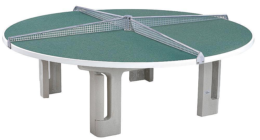 Runder Tischtennis-Tisch mit Netz für mehrere Spieler – ideal für Freizeit und Turniere.