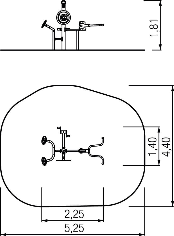 Technische Zeichnung eines Waschbeckens mit Armaturen und Maßen im Detail.