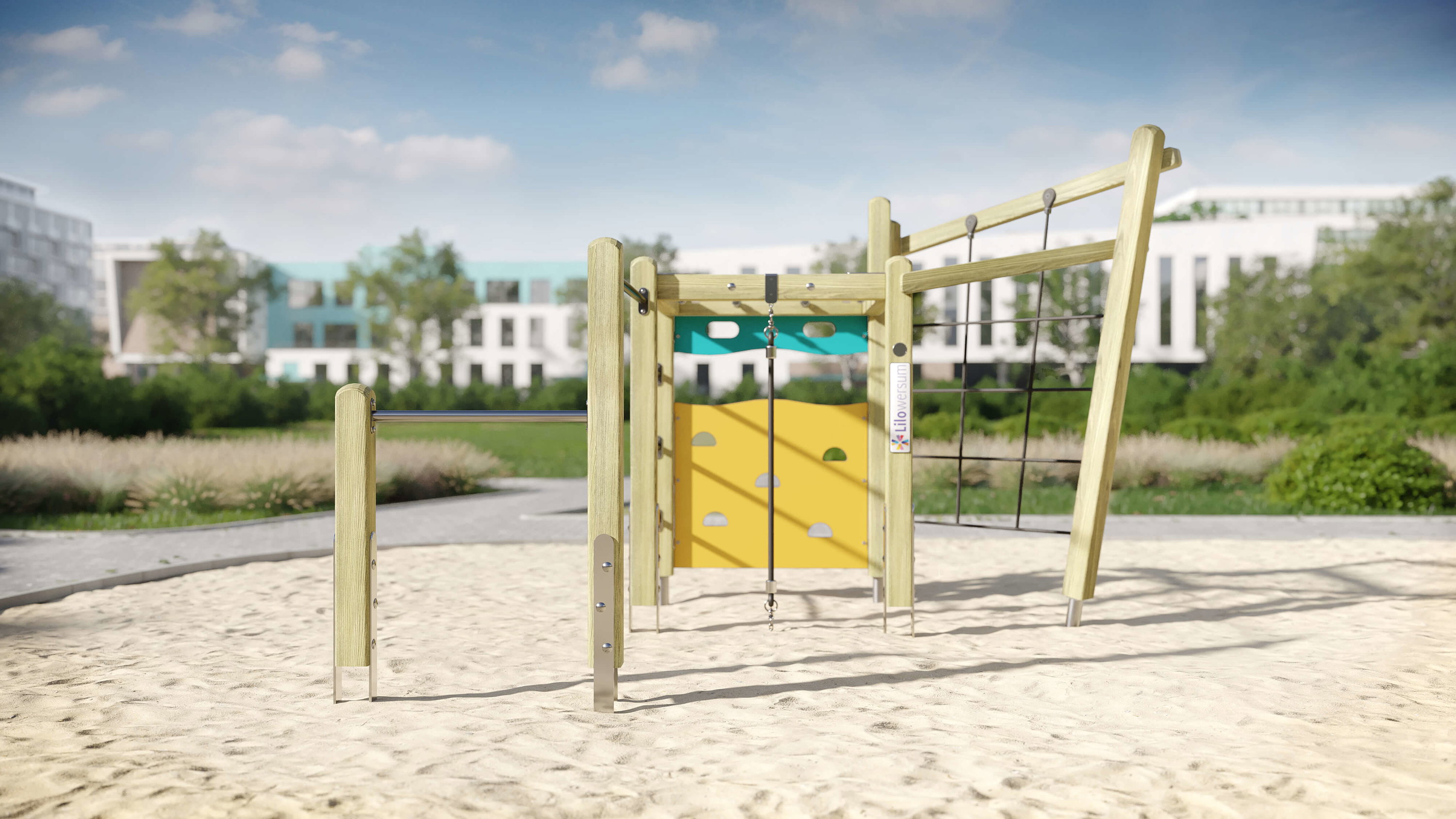 Holzspielgerüst mit Kletterwand und Seilrutsche im Sand auf einem modernen Spielplatz.