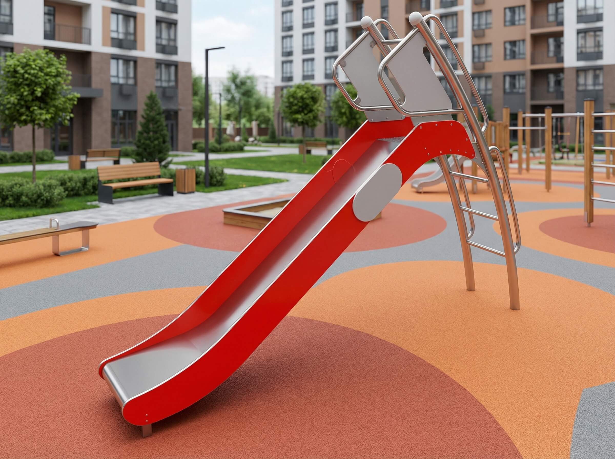Roter Rutschbahn im modernen Spielplatz vor Wohnhäusern mit buntem Bodenbelag.