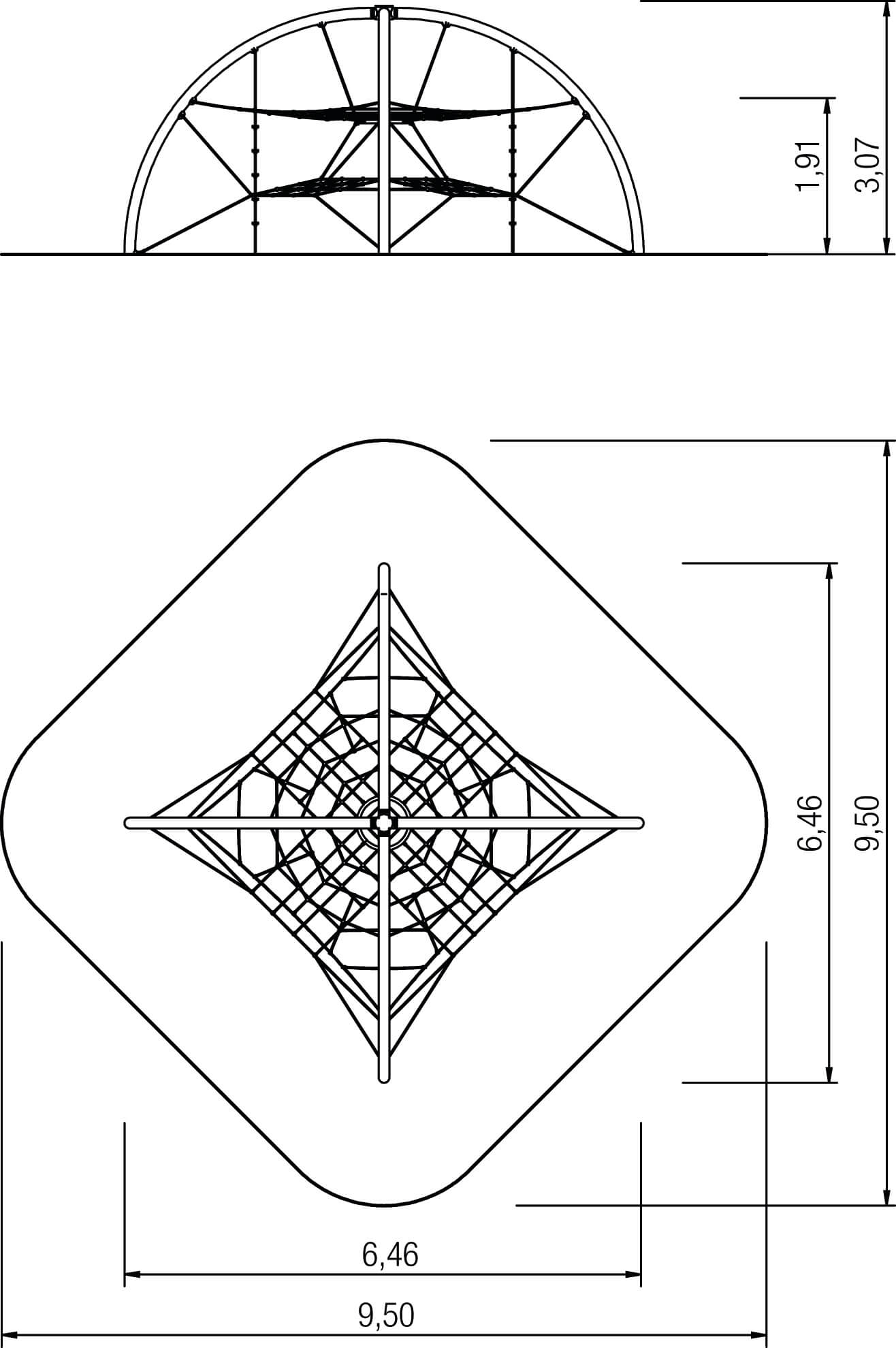 Technische Zeichnung eines halbrunden Daches mit Maßen und Netzstrukturansicht von oben.