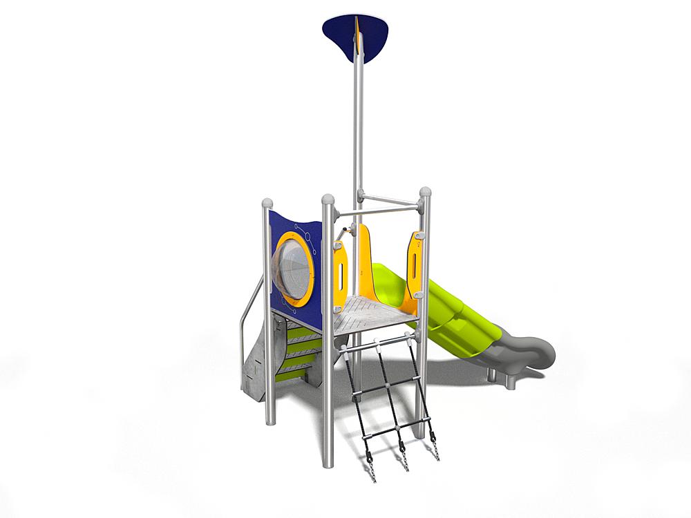 Schwinger für Kleinkinder mit Metallgestell und grünen Verbindungen auf weißem Hintergrund.