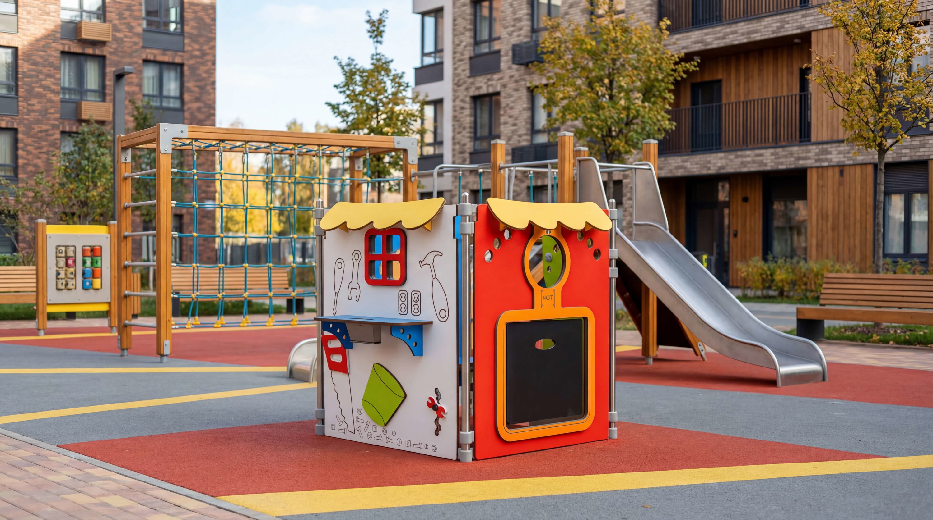 Bunte Spielanlage mit Klettergerüst und Rutsche im modernen Wohngebiet.