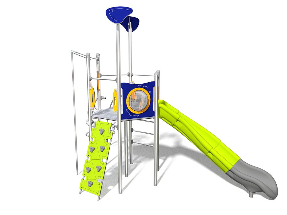 Schwinger für Kleinkinder mit Metallgestell und grünen Verbindungen auf weißem Hintergrund.