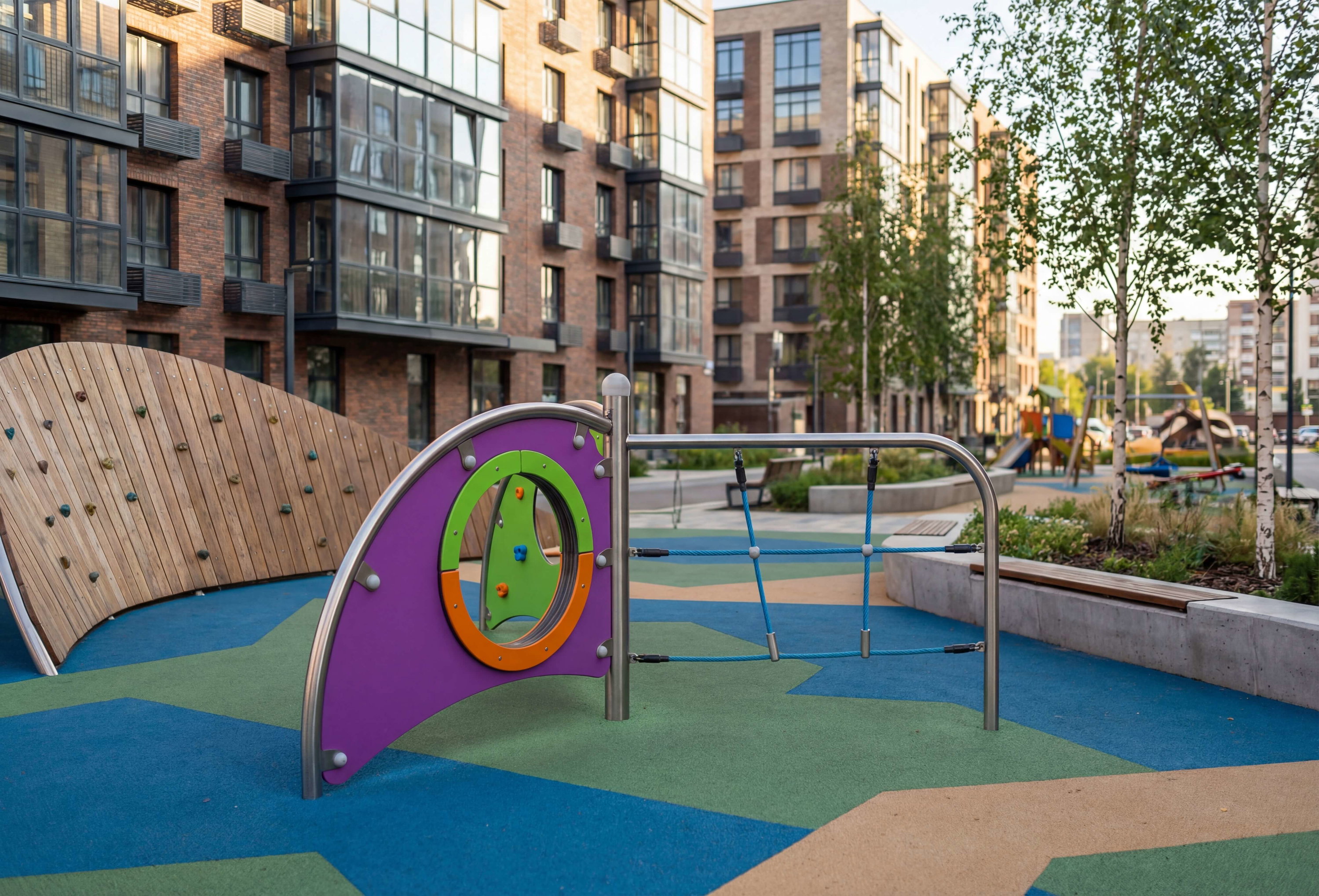 Farbe Spielplatz mit Kletterwand und Seilbrücke vor Wohnhäusern im Stadtteil.