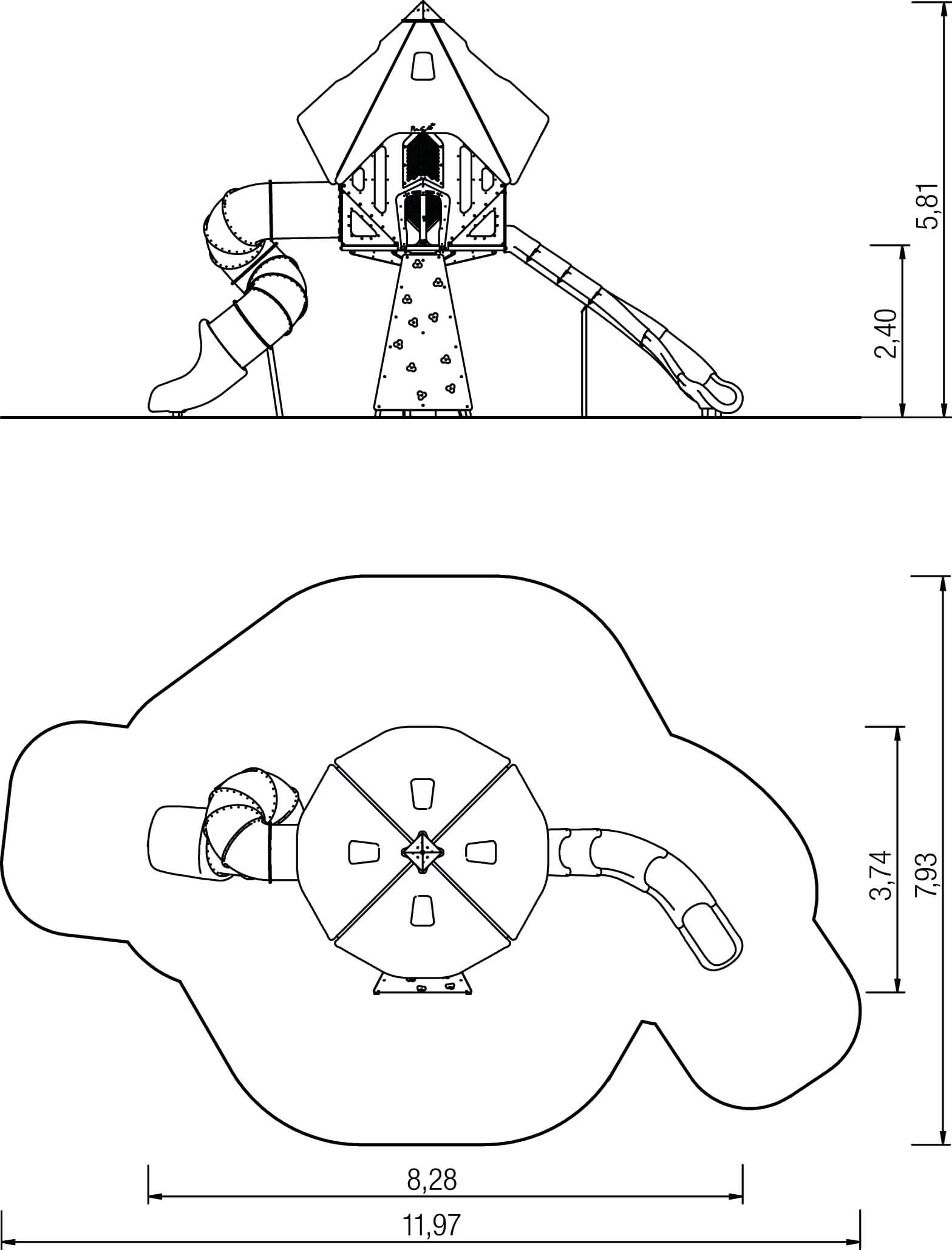 Kinderspielplatz mit Rutsche und Kletterwand – technische Zeichnung von oben und seitlich.