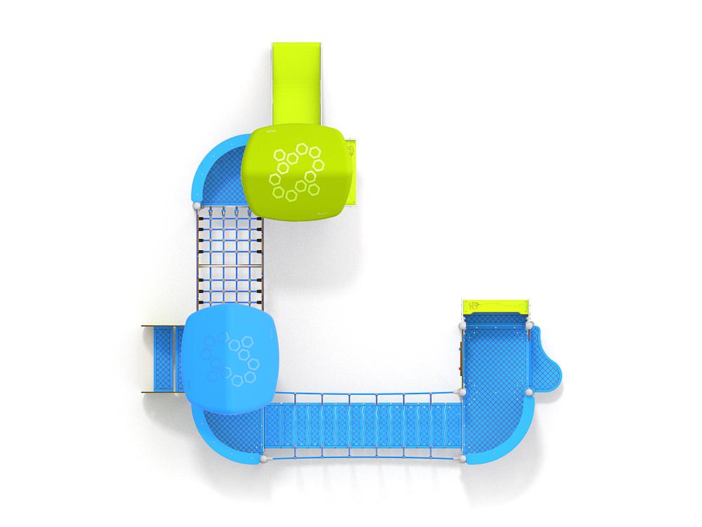 Schwinger für Kleinkinder mit Metallgestell und grünen Verbindungen auf weißem Hintergrund.